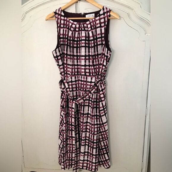 Elle Sleeveless Dress-Dark Purple Light Purple Plaid Square Fit and Flair Size L - Picture 1 of 4